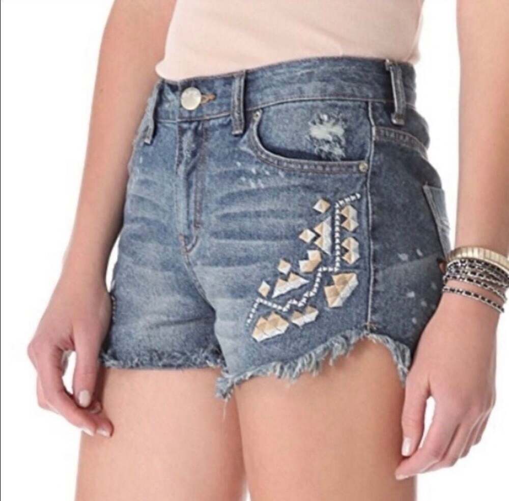 Free People Tulum Embroidered Denim Shorts in Lana Wash